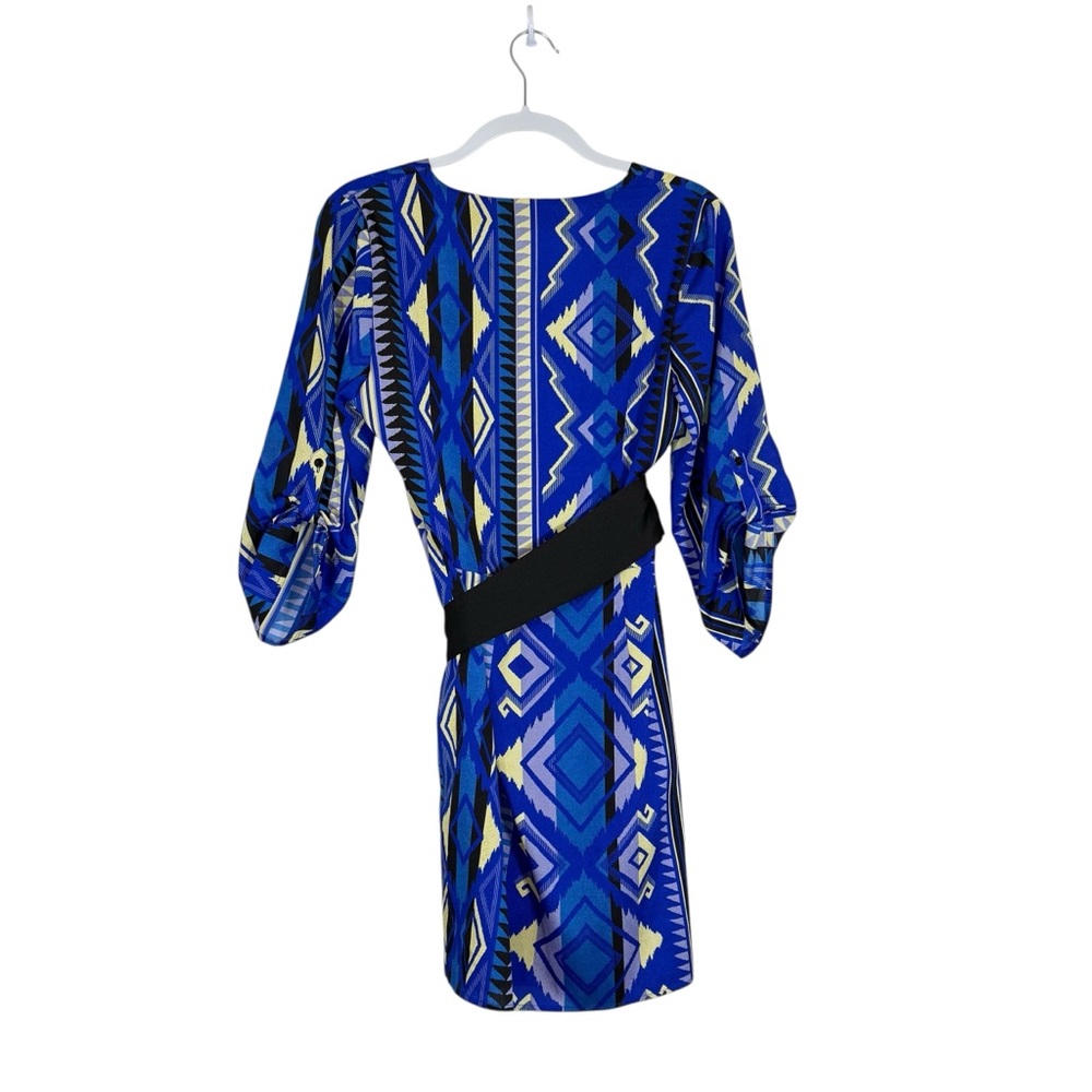 Yumi Kim Blue 9 to 5 Geometric Aztec Belted Faux Wrap Dress Tulip Womens Size LG - Picture 5 of 13